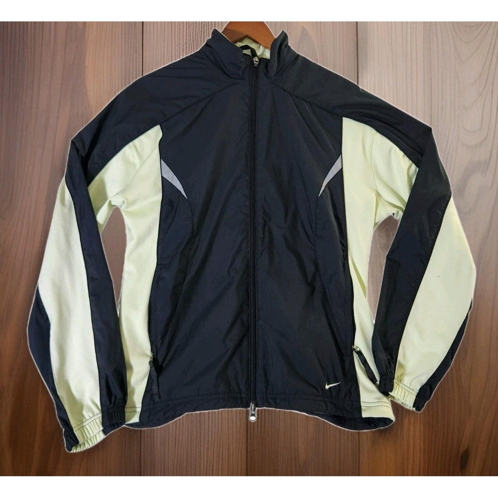 Nike Windbreaker Jacket Women's Size XL Black Green Mesh Lined Full‎ Zip Y2K